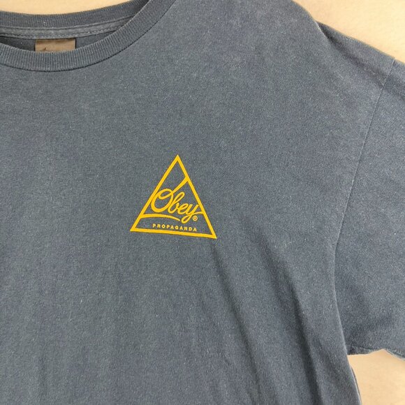 OBEY Propaganda Mens Blue Yellow Logo Graphic Printed Tee Size L Short Sleeve - Picture 4 of 12